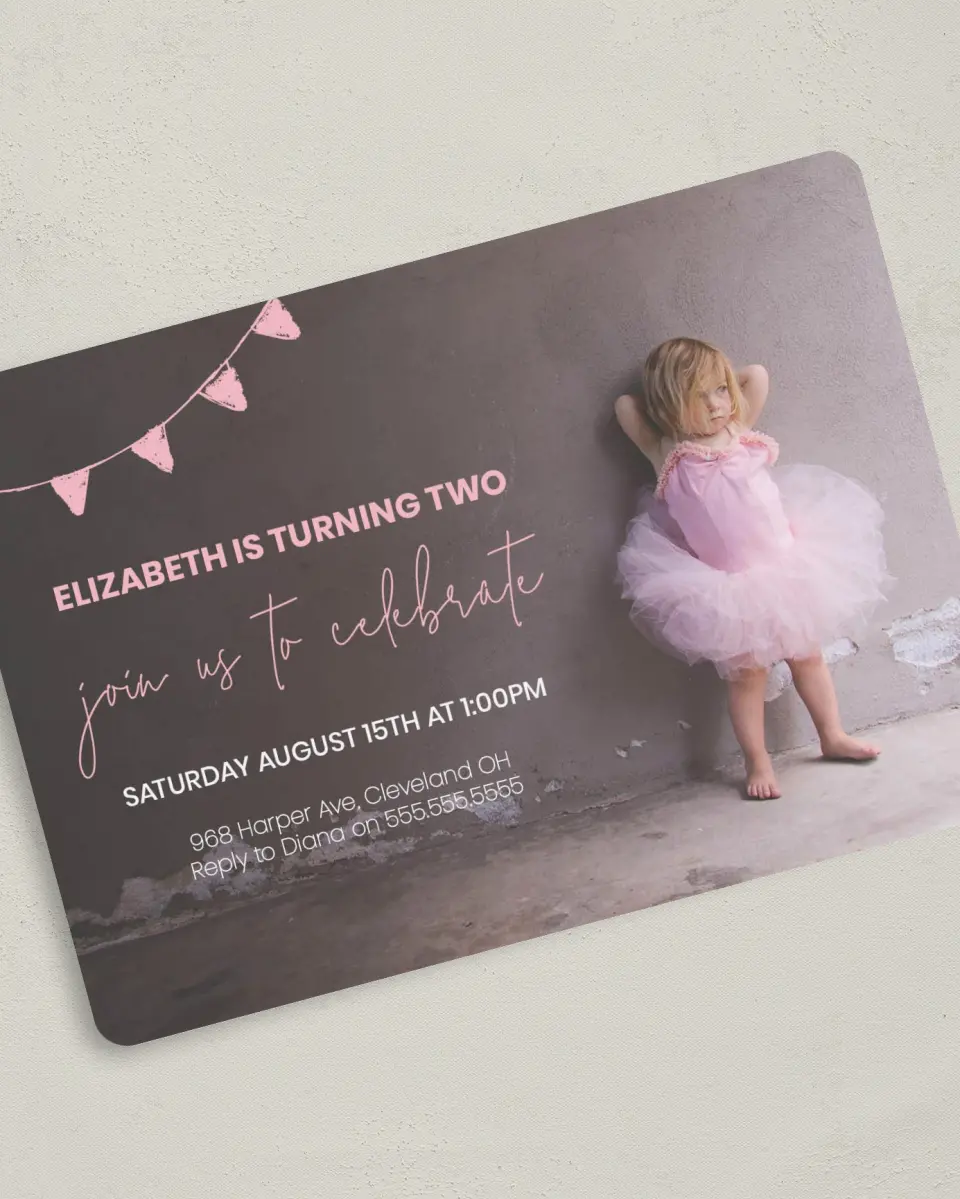 This is a 5" x 7" Birthday Party Invitation called Banner Beauty printed in full color on Premium Smooth paper