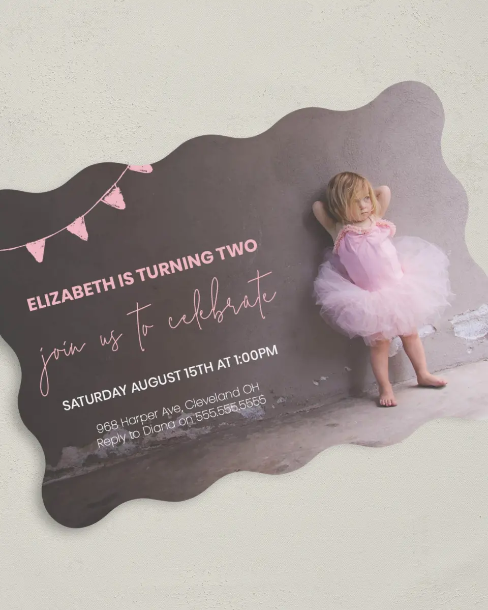 This is a 5" x 7" Birthday Party Invitation called Banner Beauty printed in full color on Premium Smooth paper