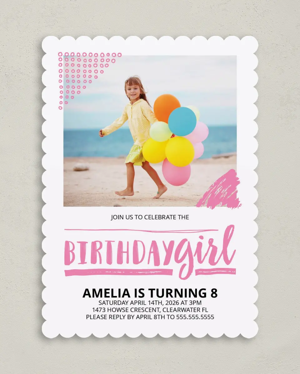 This is a 5" x 7" Birthday Party Invitation called Artsy Party printed in full color on Premium Smooth paper
