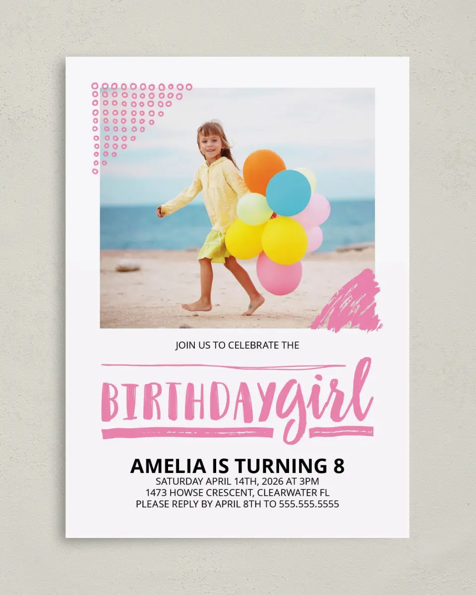 This is a 5" x 7" Birthday Party Invitation called Artsy Party printed in full color on Premium Smooth paper