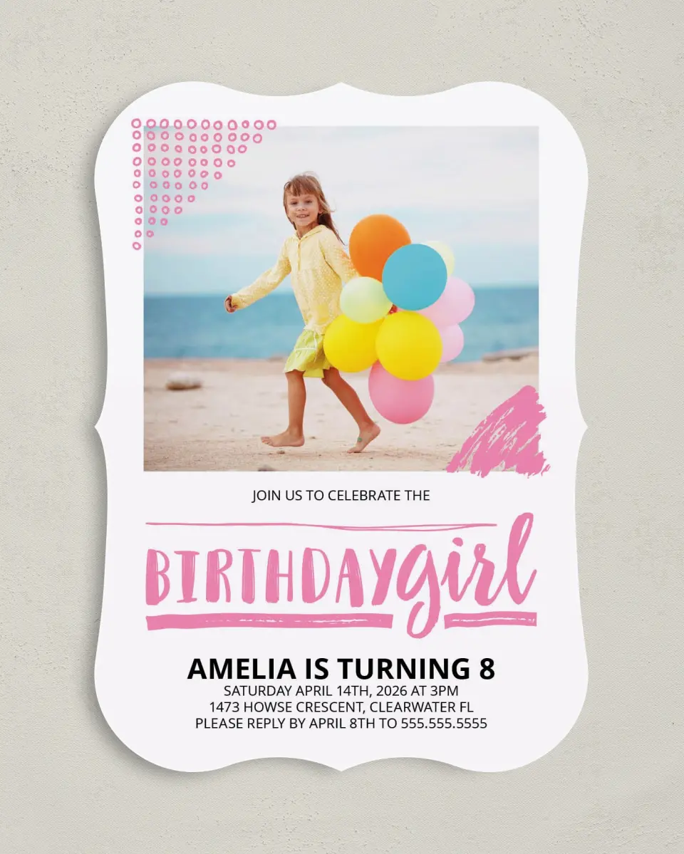 This is a 5" x 7" Birthday Party Invitation called Artsy Party printed in full color with Gold foil on Luxe Satin (coated) paper