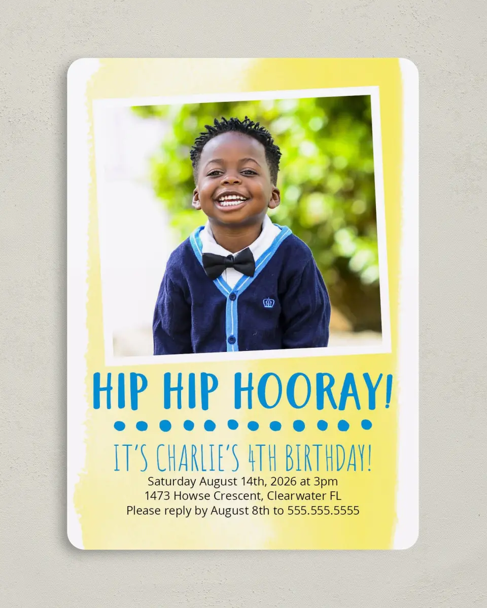 This is a 5" x 7" Birthday Party Invitation called Hip Hip Hooray! printed in full color on Premium Smooth paper