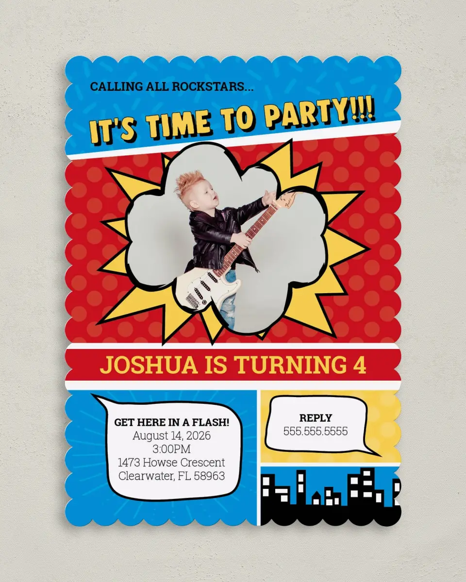 This is a 5" x 7" Birthday Party Invitation called Pow Party! printed in full color on Premium Smooth paper