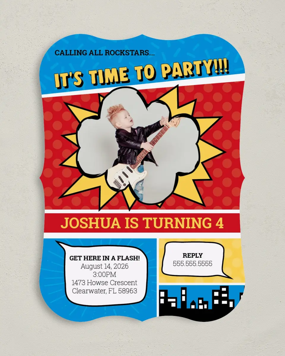 This is a 5" x 7" Birthday Party Invitation called Pow Party! printed in full color with Gold foil on Luxe Satin (coated) paper