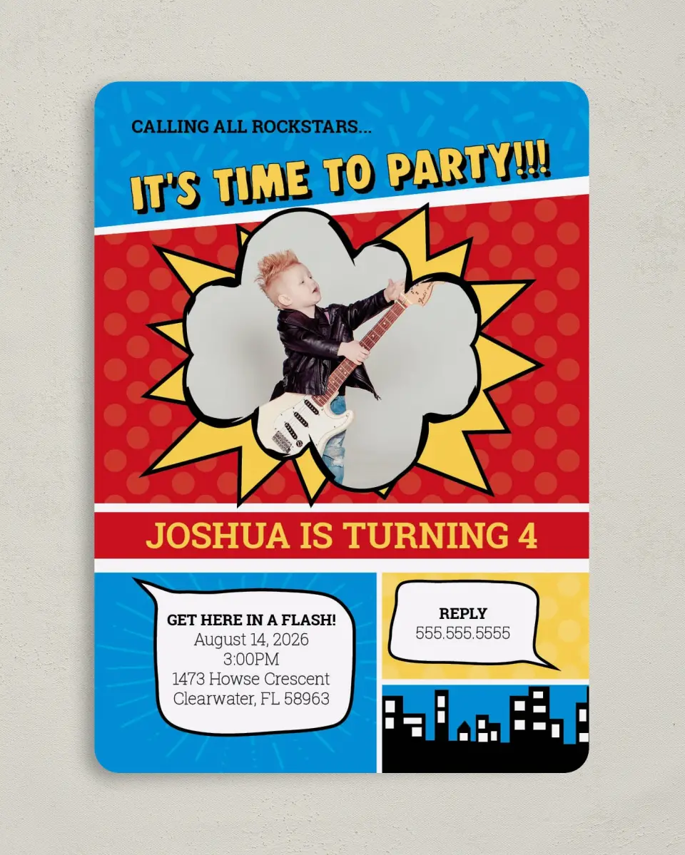 This is a 5" x 7" Birthday Party Invitation called Pow Party! printed in full color on Premium Smooth paper