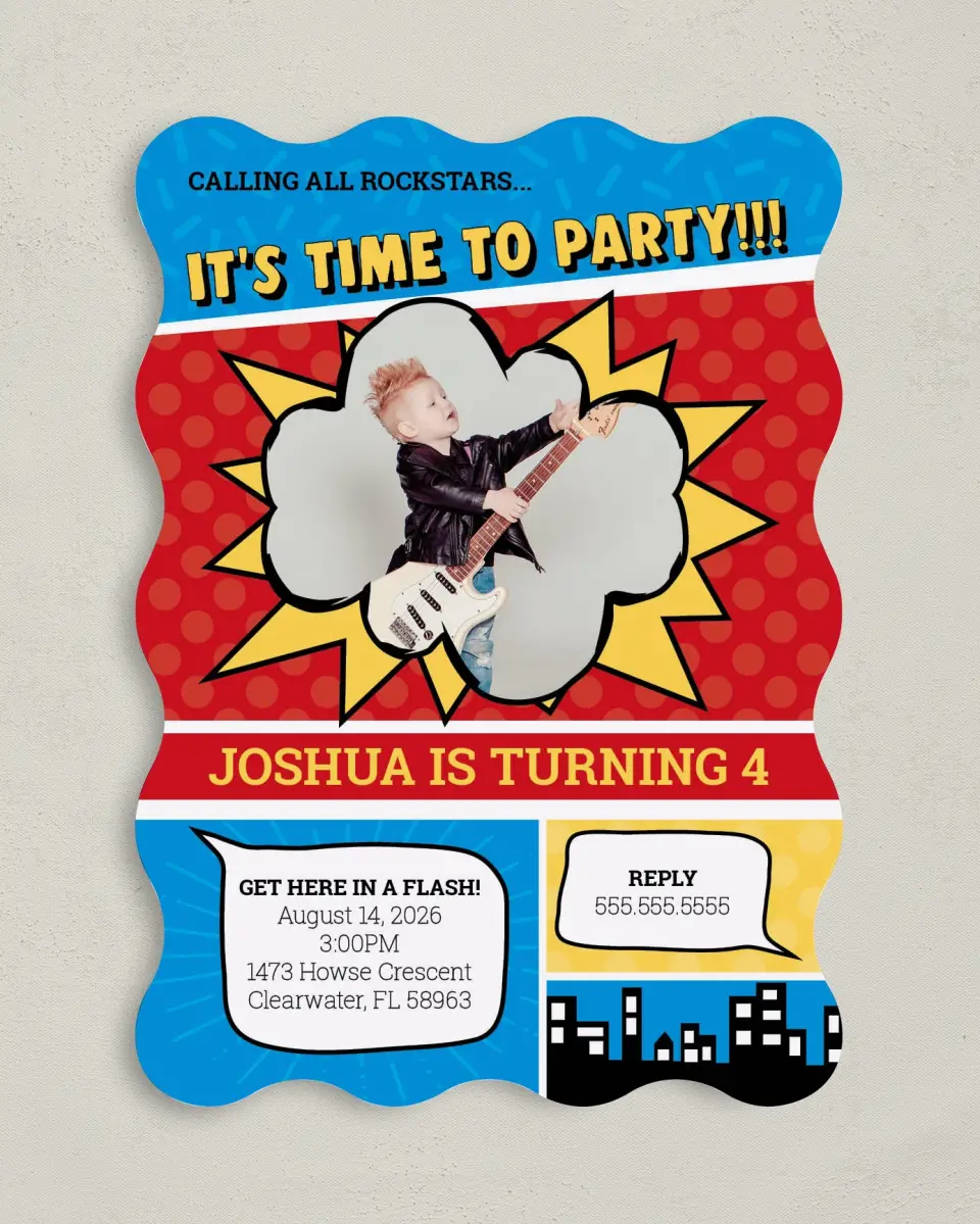 This is a 5" x 7" Birthday Party Invitation called Pow Party! printed in full color on Premium Smooth paper