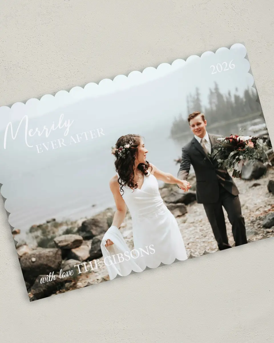 This is a 5" x 7" Christmas Card called Merrily Ever After printed in full color on Premium Smooth paper on Premium Smooth paper on Premium Smooth paper