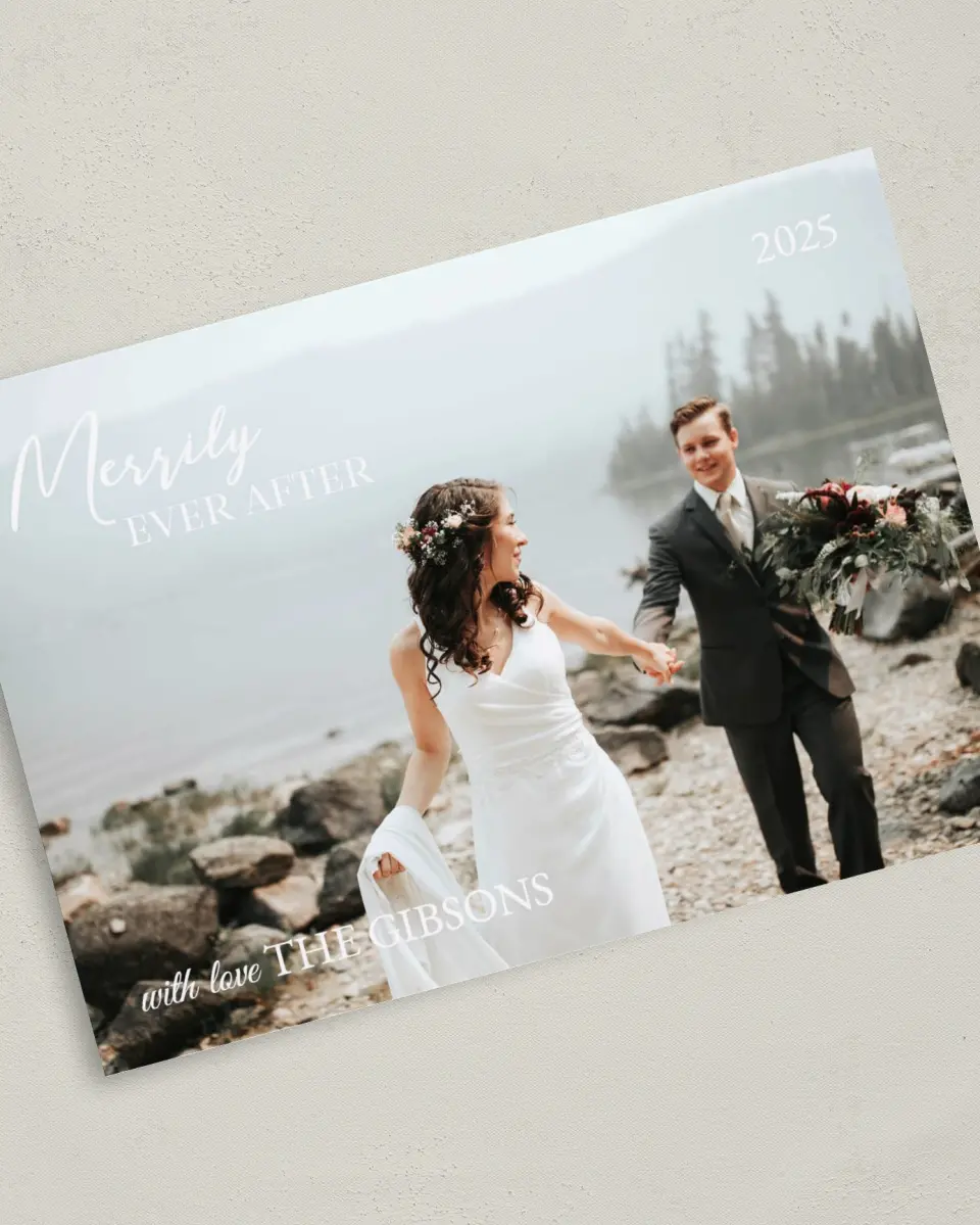This is a 5" x 7" Christmas Card called Merrily Ever After printed in full color on Premium Smooth paper