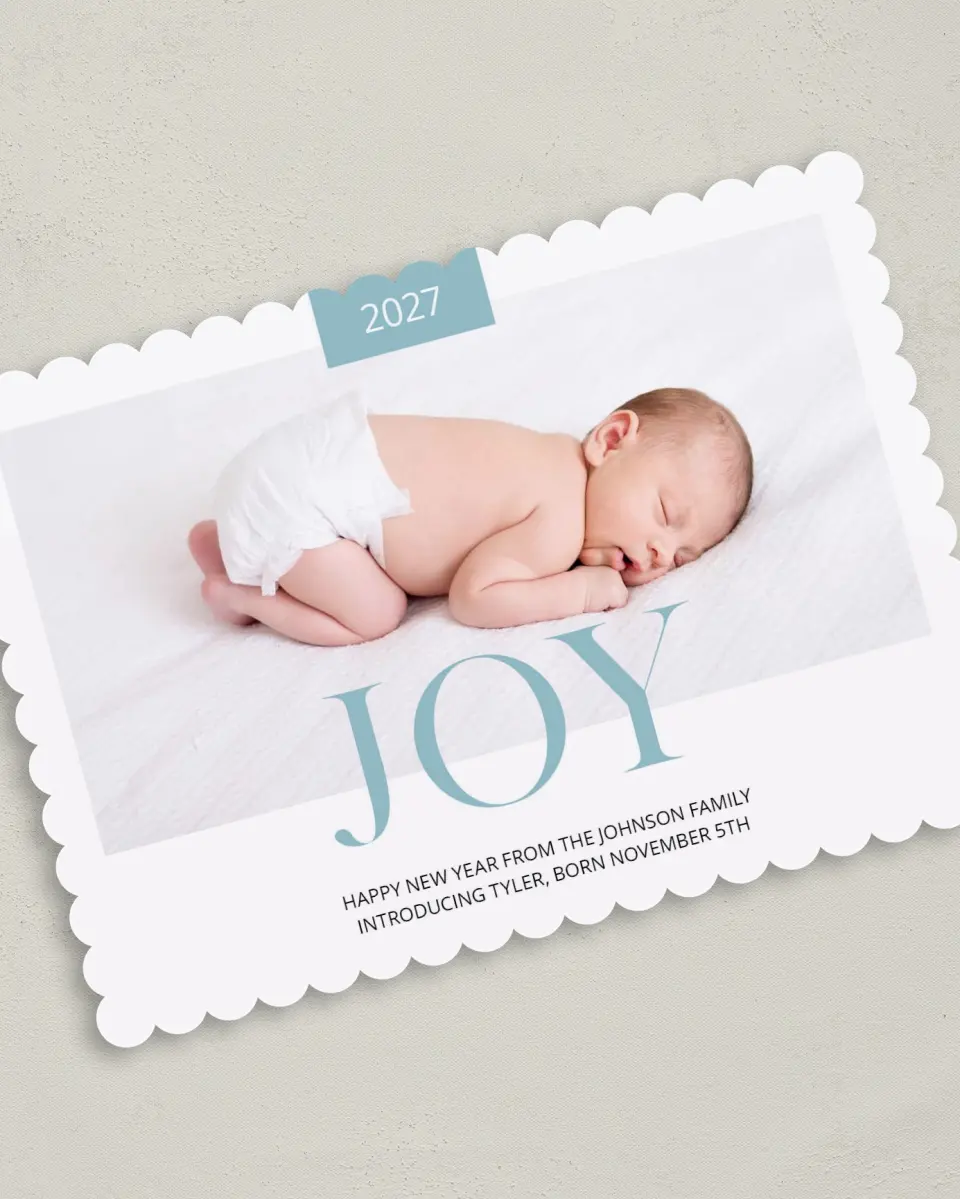 This is a 5" x 7" Christmas Card called Simply Joy printed in full color on Premium Smooth paper on Premium Smooth paper on Premium Smooth paper