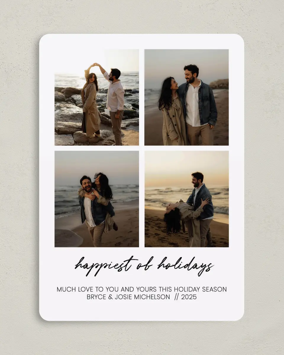 This is a 5" x 7" Christmas Card called Holiday Quilt printed in full color with Gold foil on Soft Suede (coated) paper