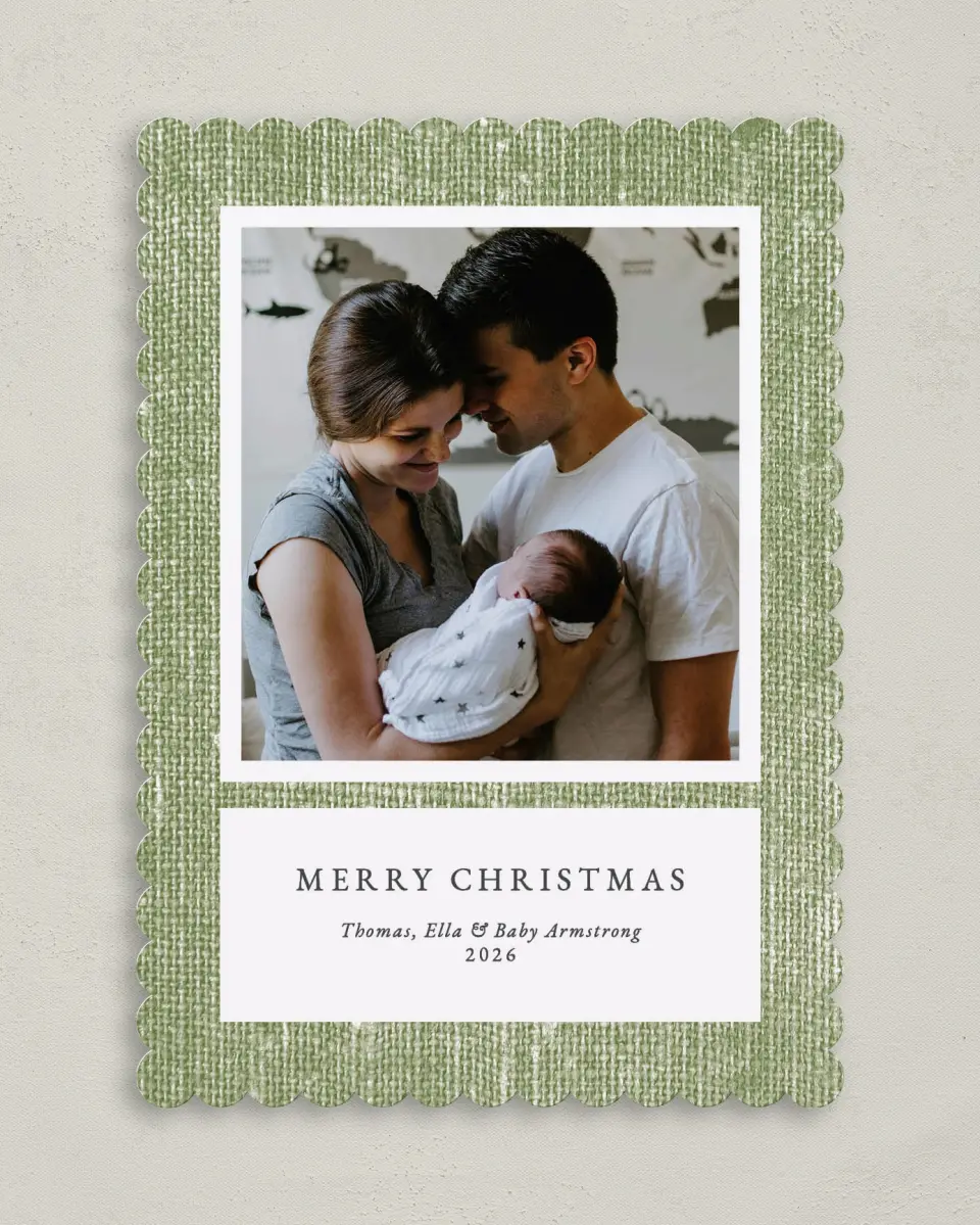 This is a 5" x 7" Christmas Card called Rustic Burlap printed in full color on Premium Smooth paper on Premium Smooth paper on Premium Smooth paper