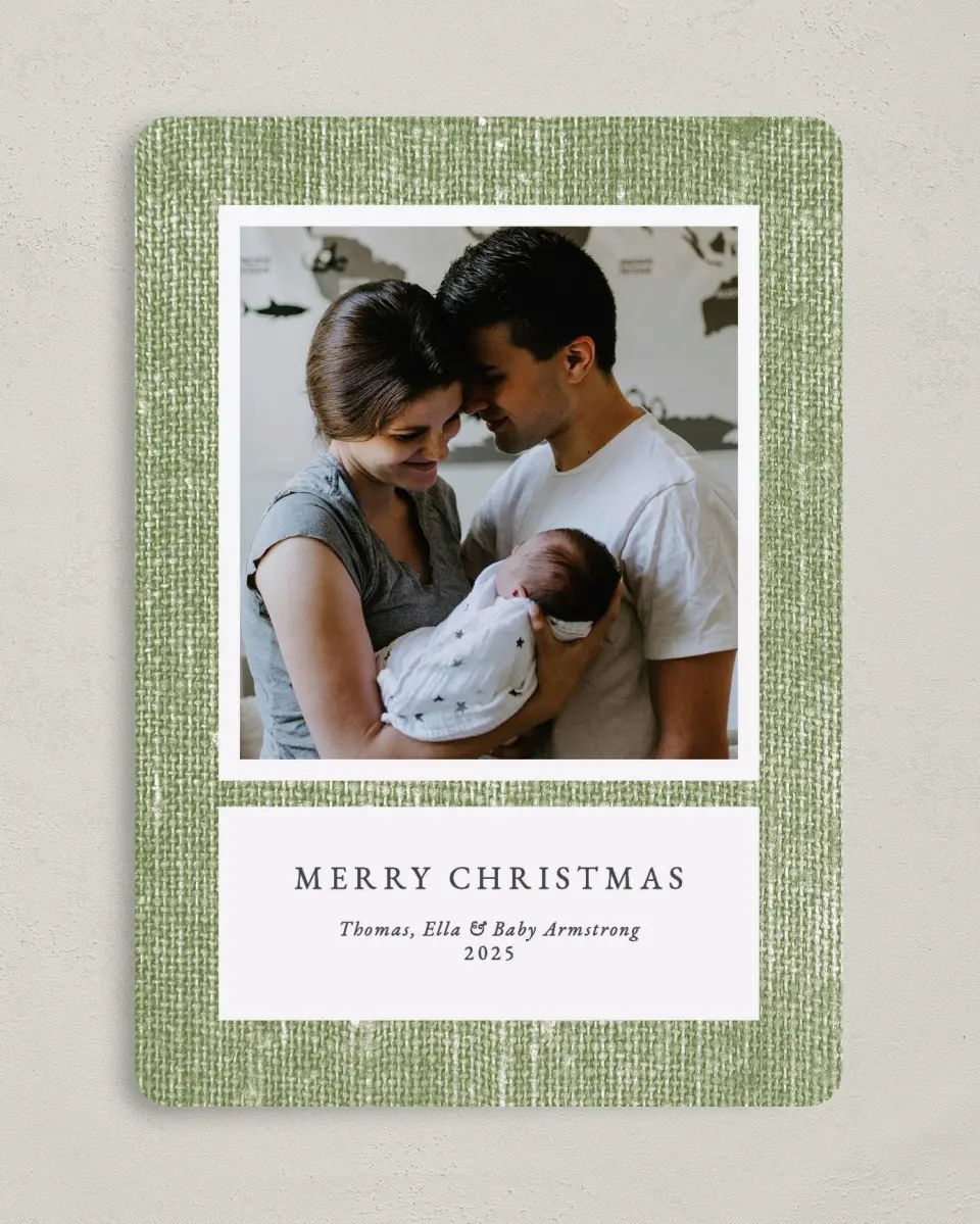 This is a 5" x 7" Christmas Card called Rustic Burlap printed in full color on Premium Smooth paper