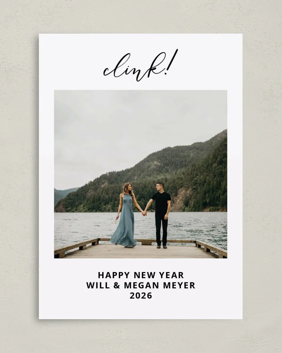 This is a 5" x 7" Christmas Card called A New Year Toast printed in full color on Premium Smooth paper