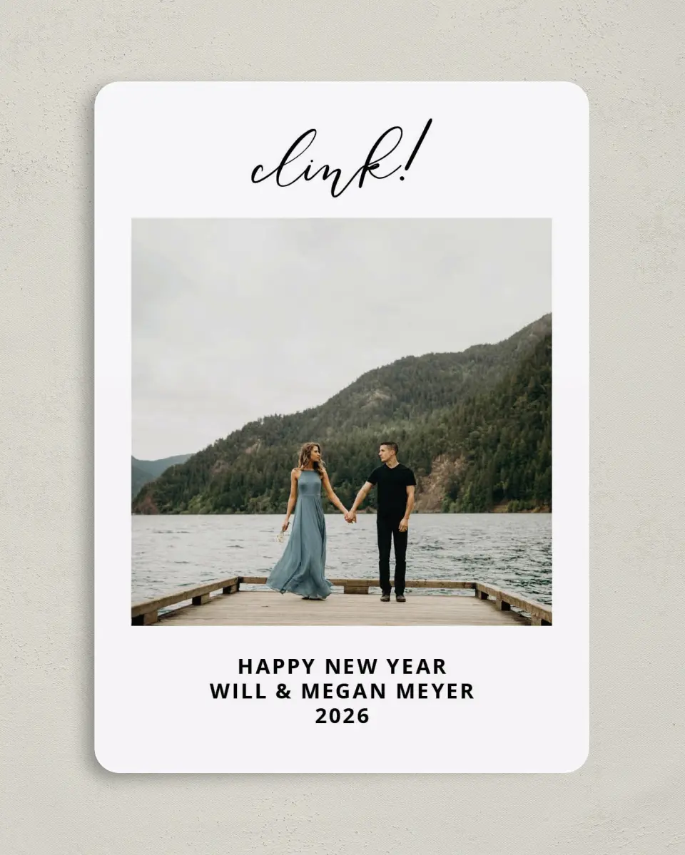 This is a 5" x 7" Christmas Card called A New Year Toast printed in full color on Premium Smooth paper