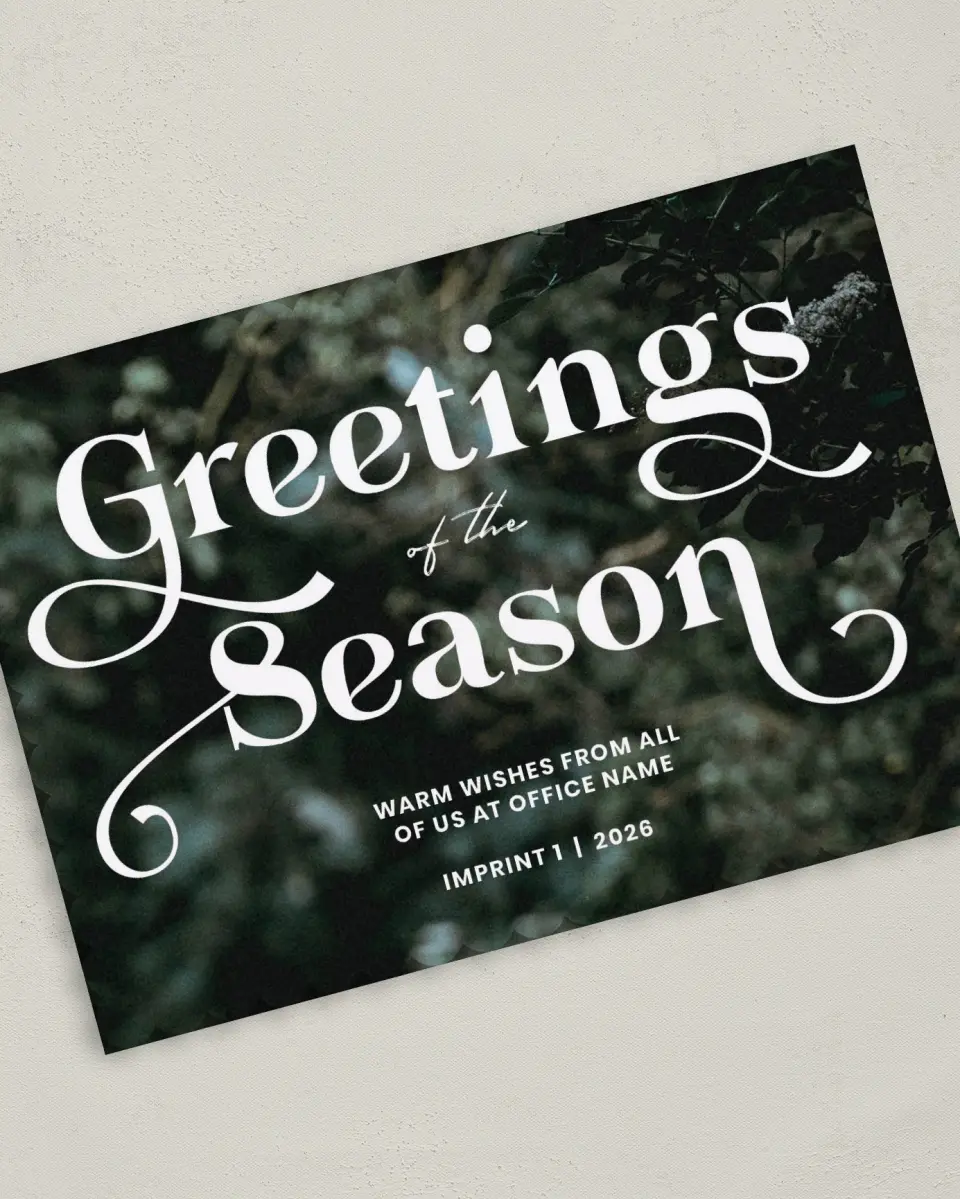 This is a 5" x 7" Christmas Card called Greetings Greenery printed in full color on Premium Smooth paper on Premium Smooth paper on Premium Smooth paper