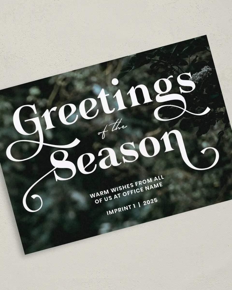 This is a 5" x 7" Christmas Card called Greetings Greenery printed in full color on Premium Smooth paper