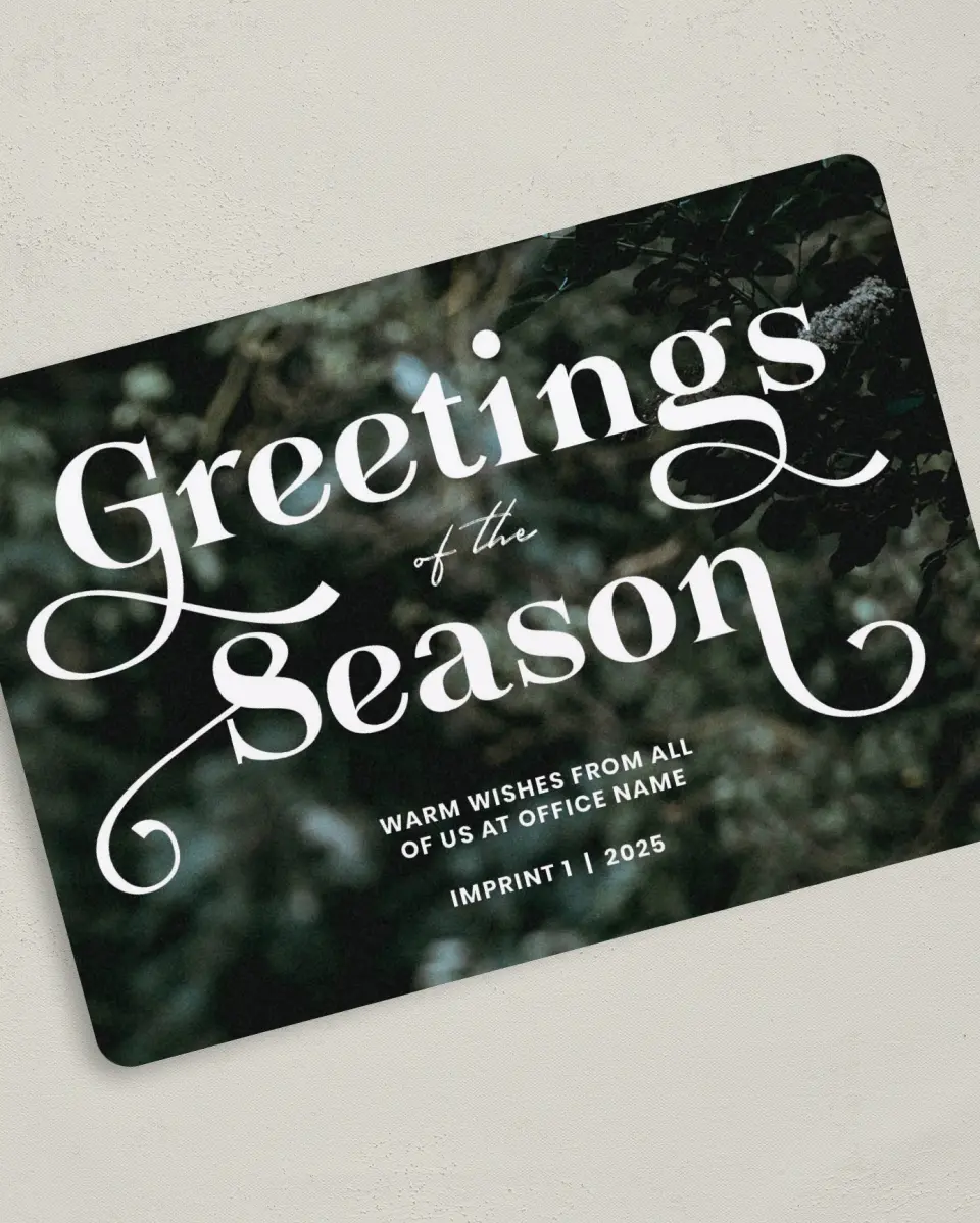 This is a 5" x 7" Christmas Card called Greetings Greenery printed in full color on Premium Smooth paper