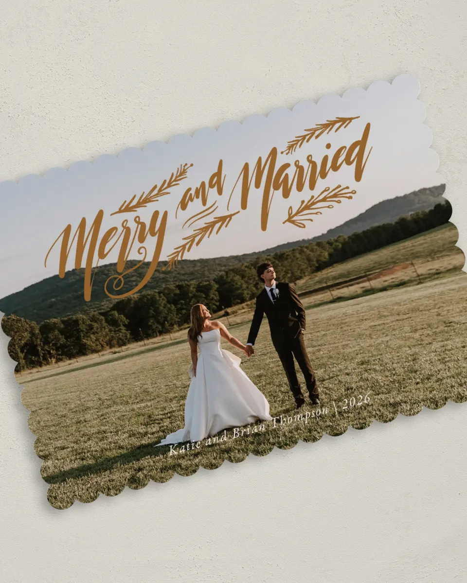 This is a 5" x 7" Christmas Card called Merrily Married printed in full color on Premium Smooth paper on Premium Smooth paper on Premium Smooth paper