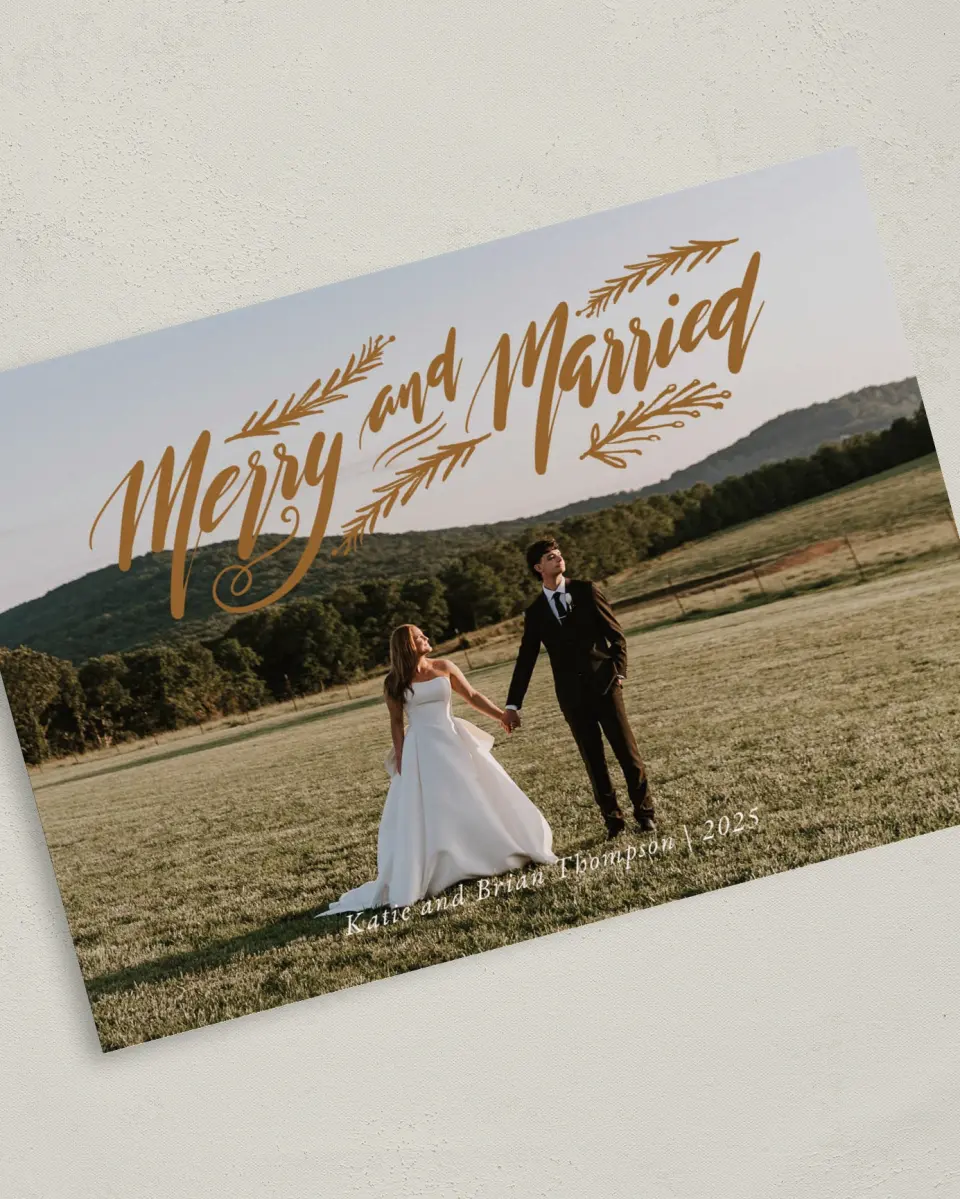 This is a 5" x 7" Christmas Card called Merrily Married printed in full color on Premium Smooth paper
