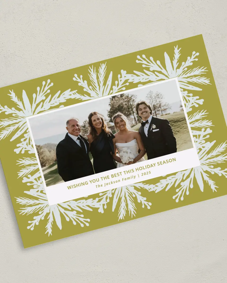 This is a 5" x 7" Christmas Card called Holiday Boughs printed in full color on Premium Smooth paper