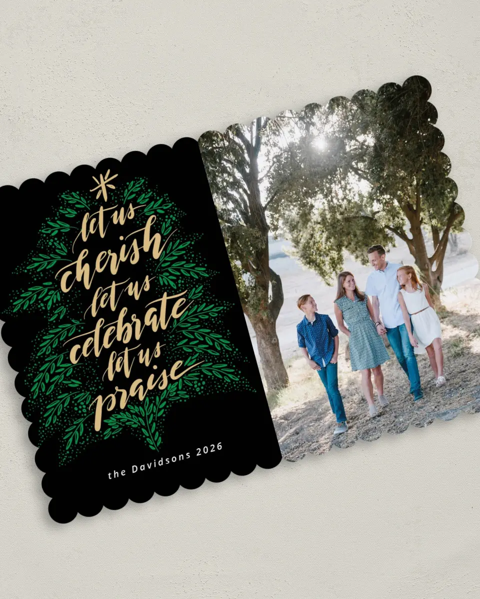 This is a 5" x 7" Christmas Card called Shining Praise printed in full color on Premium Smooth paper on Premium Smooth paper on Premium Smooth paper