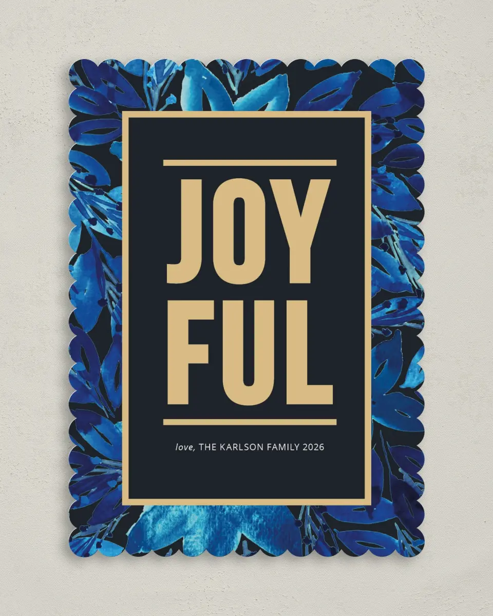 This is a 5" x 7" Christmas Card called Joyful Glam printed in full color on Premium Smooth paper on Premium Smooth paper on Premium Smooth paper