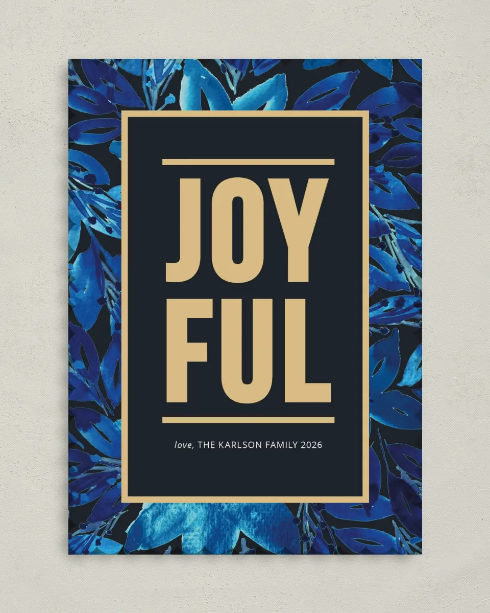 This is a 5" x 7" Christmas Card called Joyful Glam printed in full color on Premium Smooth paper on Premium Smooth paper on Premium Smooth paper