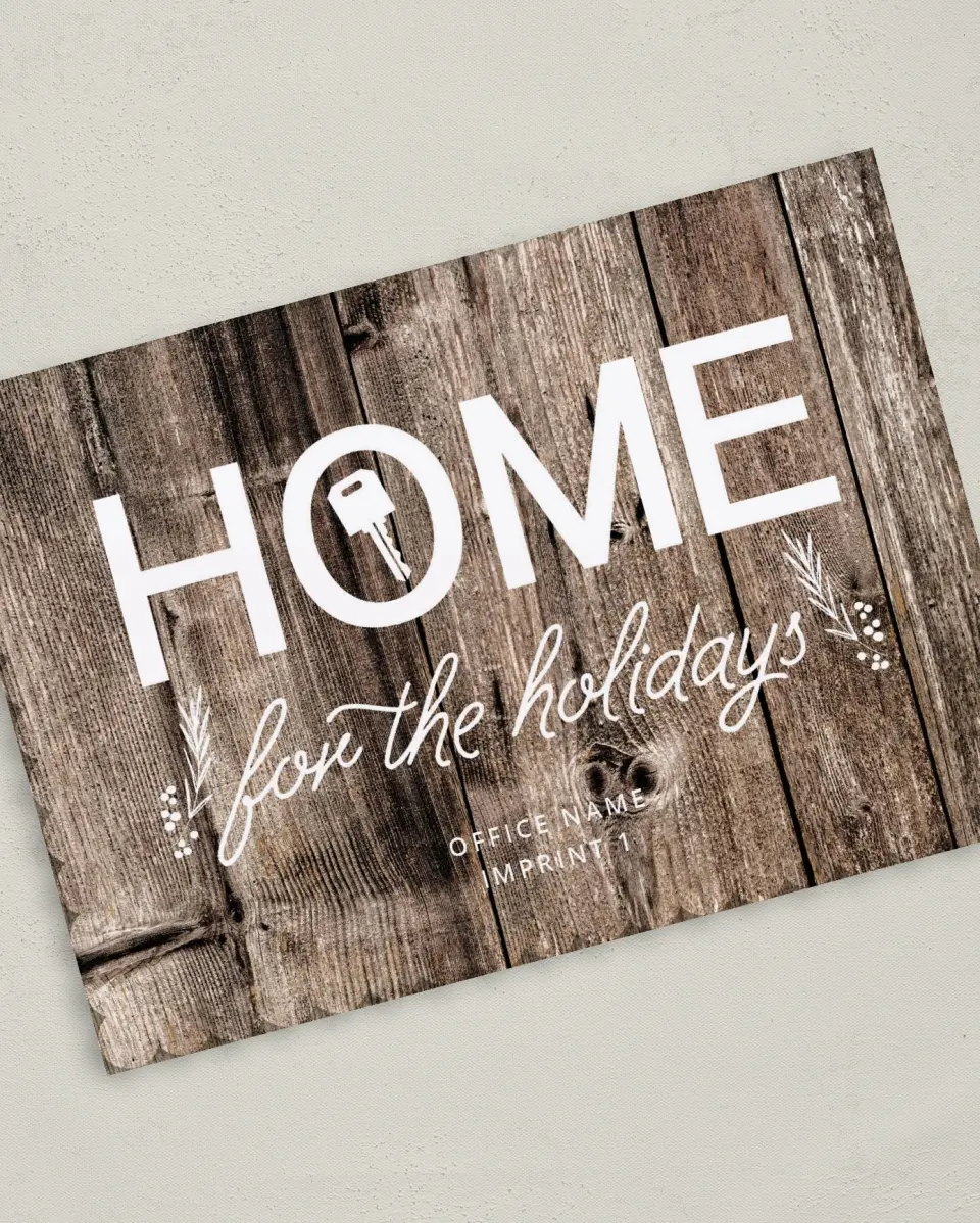 This is a 5" x 7" Christmas Card called Home is the Key printed in full color on Premium Smooth paper on Premium Smooth paper on Premium Smooth paper