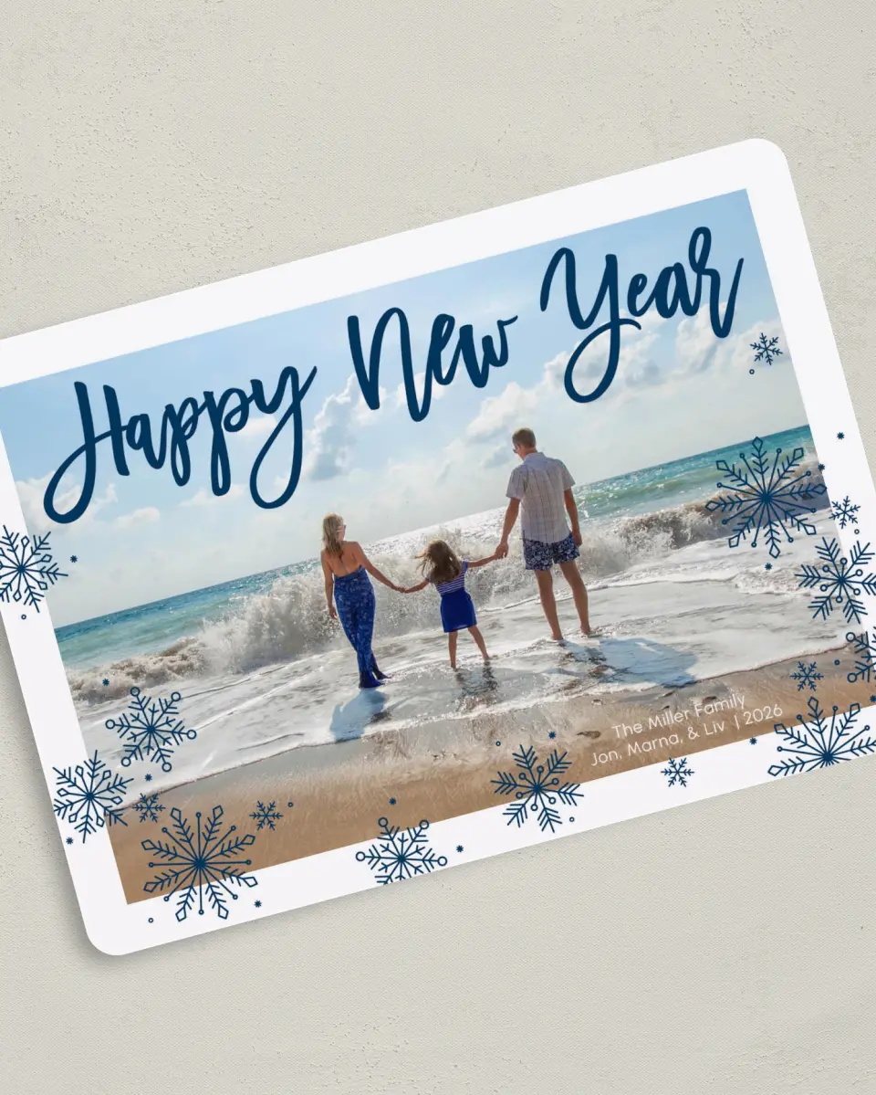 This is a 5" x 7" Christmas Card called Sparkly Snowflakes printed in full color on Premium Smooth paper