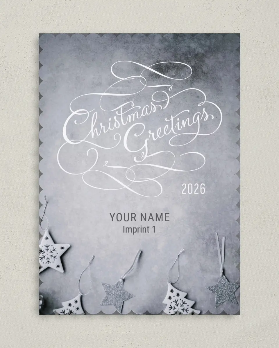 This is a 5" x 7" Christmas Card called Silver Stencil printed in full color on Premium Smooth paper on Premium Smooth paper on Premium Smooth paper