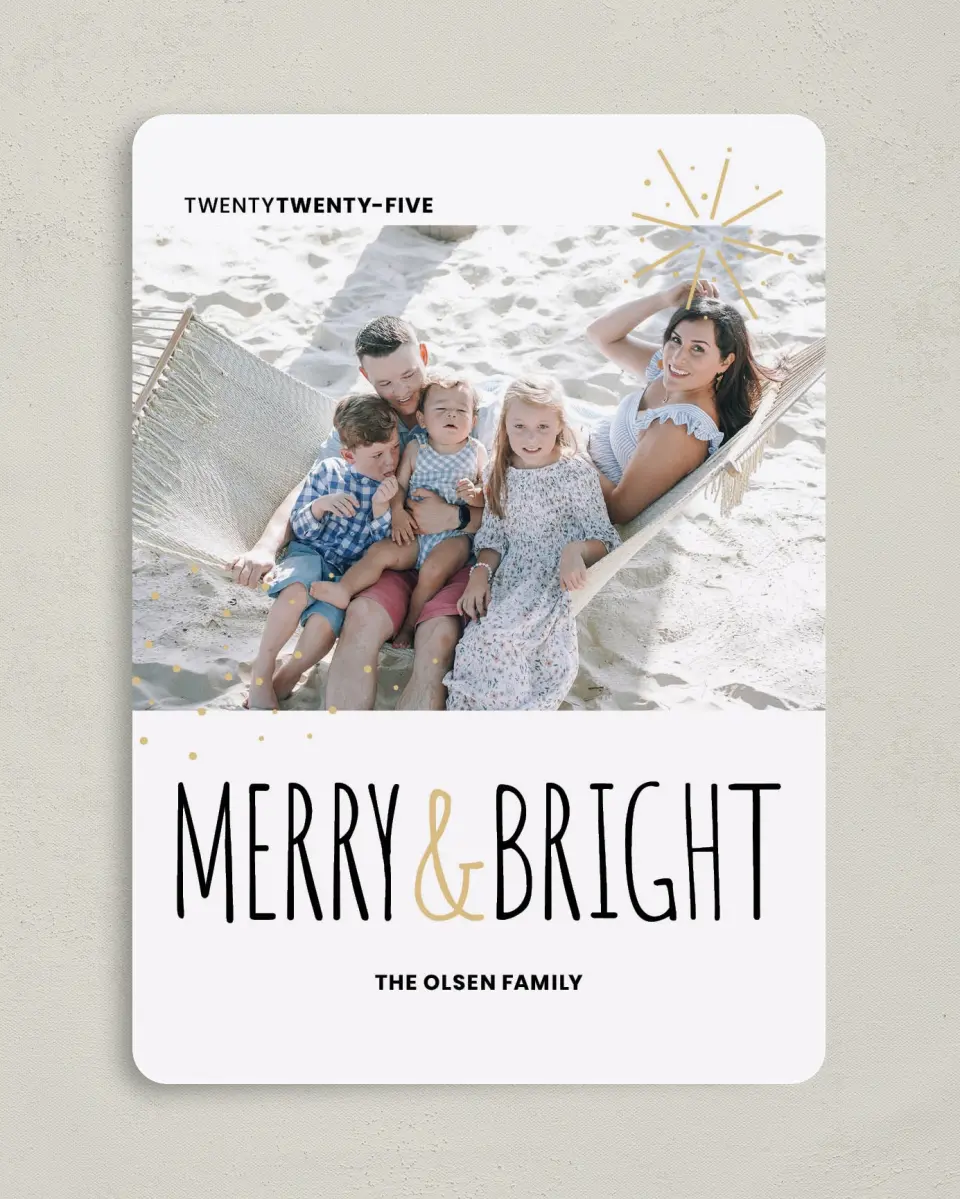 This is a 5" x 7" Christmas Card called Merry Confetti printed in full color with Gold foil on Soft Suede (coated) paper
