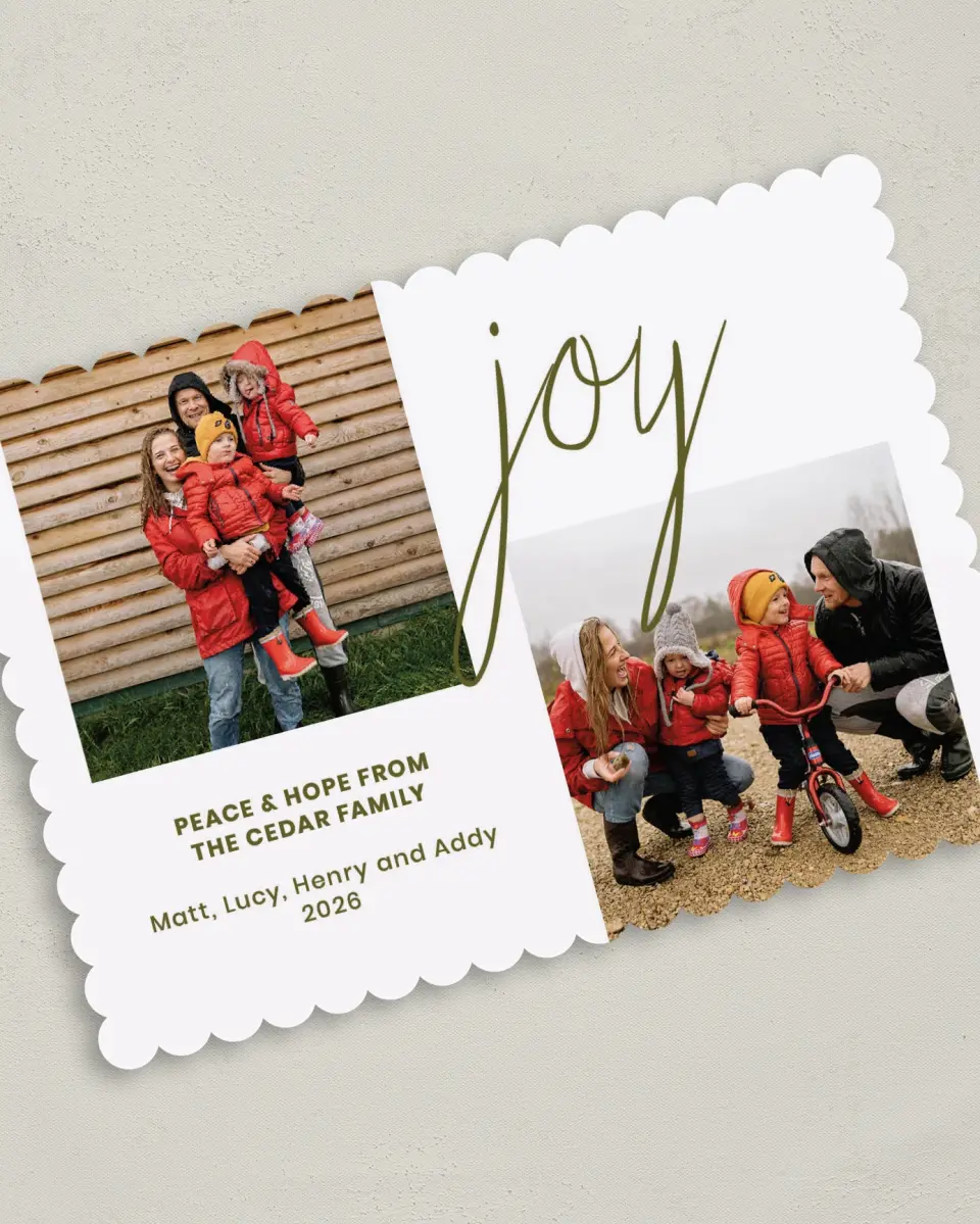 This is a 5" x 7" Christmas Card called Joy Written printed in full color on Premium Smooth paper on Premium Smooth paper on Premium Smooth paper
