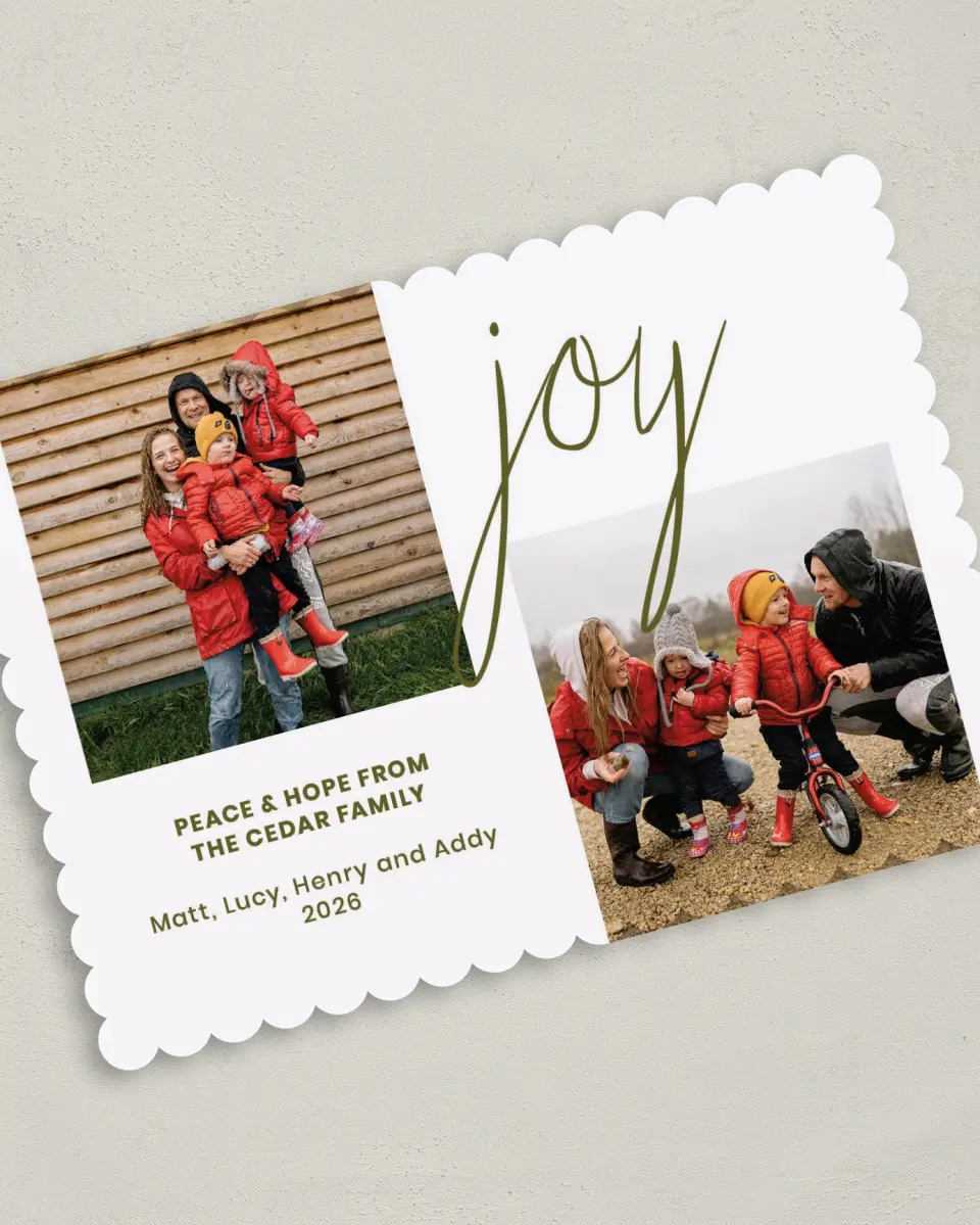 This is a 5" x 7" Christmas Card called Joy Written printed in full color on Premium Smooth paper on Premium Smooth paper on Premium Smooth paper