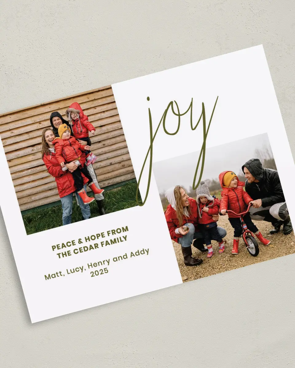 This is a 5" x 7" Christmas Card called Joy Written printed in full color on Premium Smooth paper