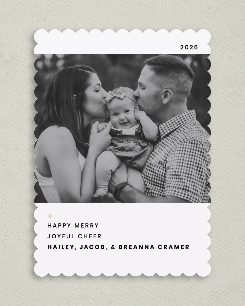 This is a 5" x 7" Christmas Card called Stitched Cheer printed in full color on Premium Smooth paper on Premium Smooth paper on Premium Smooth paper