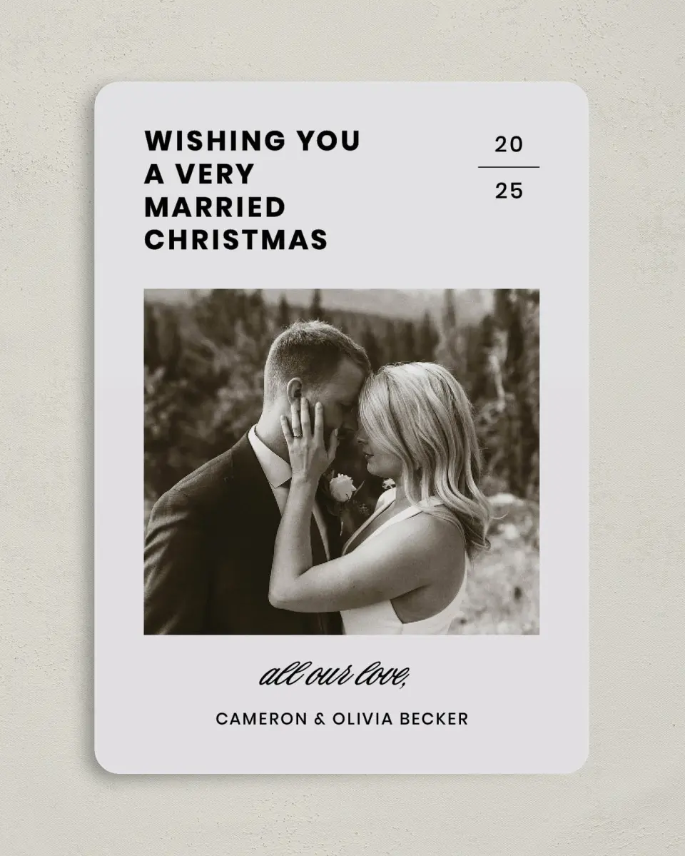 This is a 5" x 7" Christmas Card called Married Wish printed in full color with Gold foil on Soft Suede (coated) paper