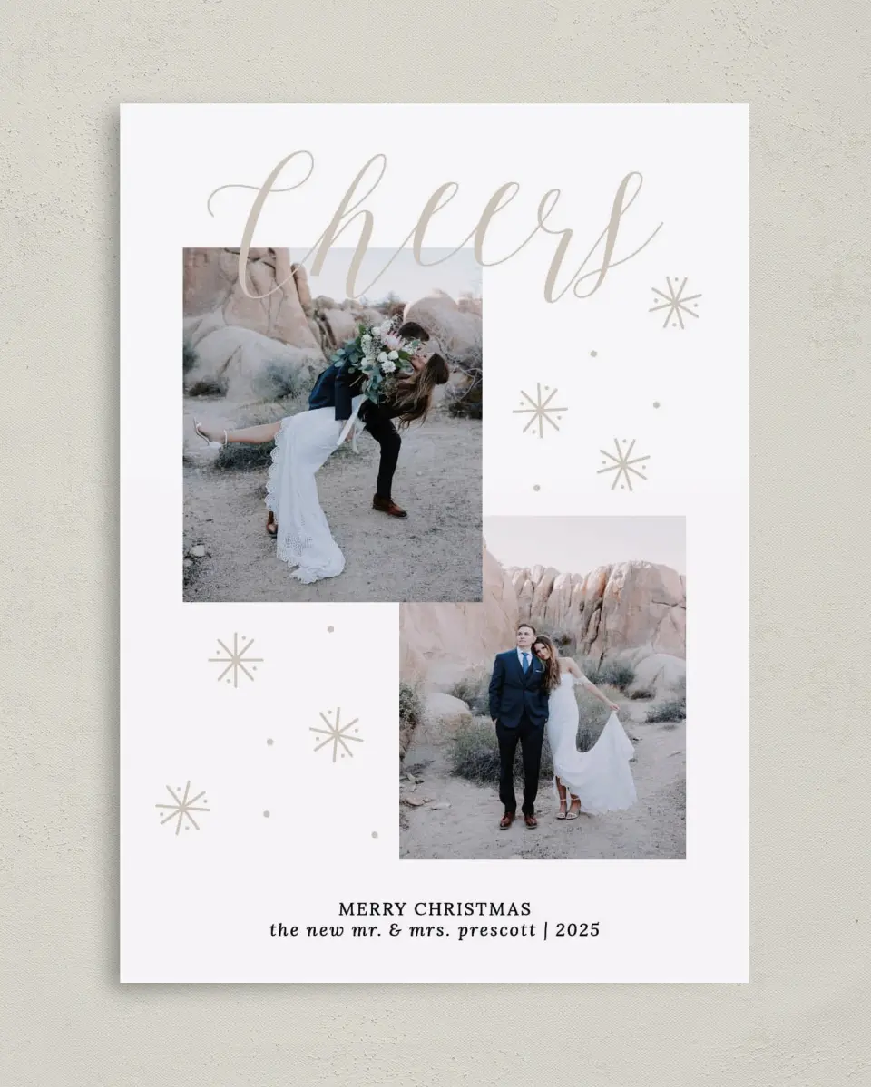 This is a 5" x 7" Christmas Card called Marry Cheers printed in full color with Gold foil on Soft Suede (coated) paper
