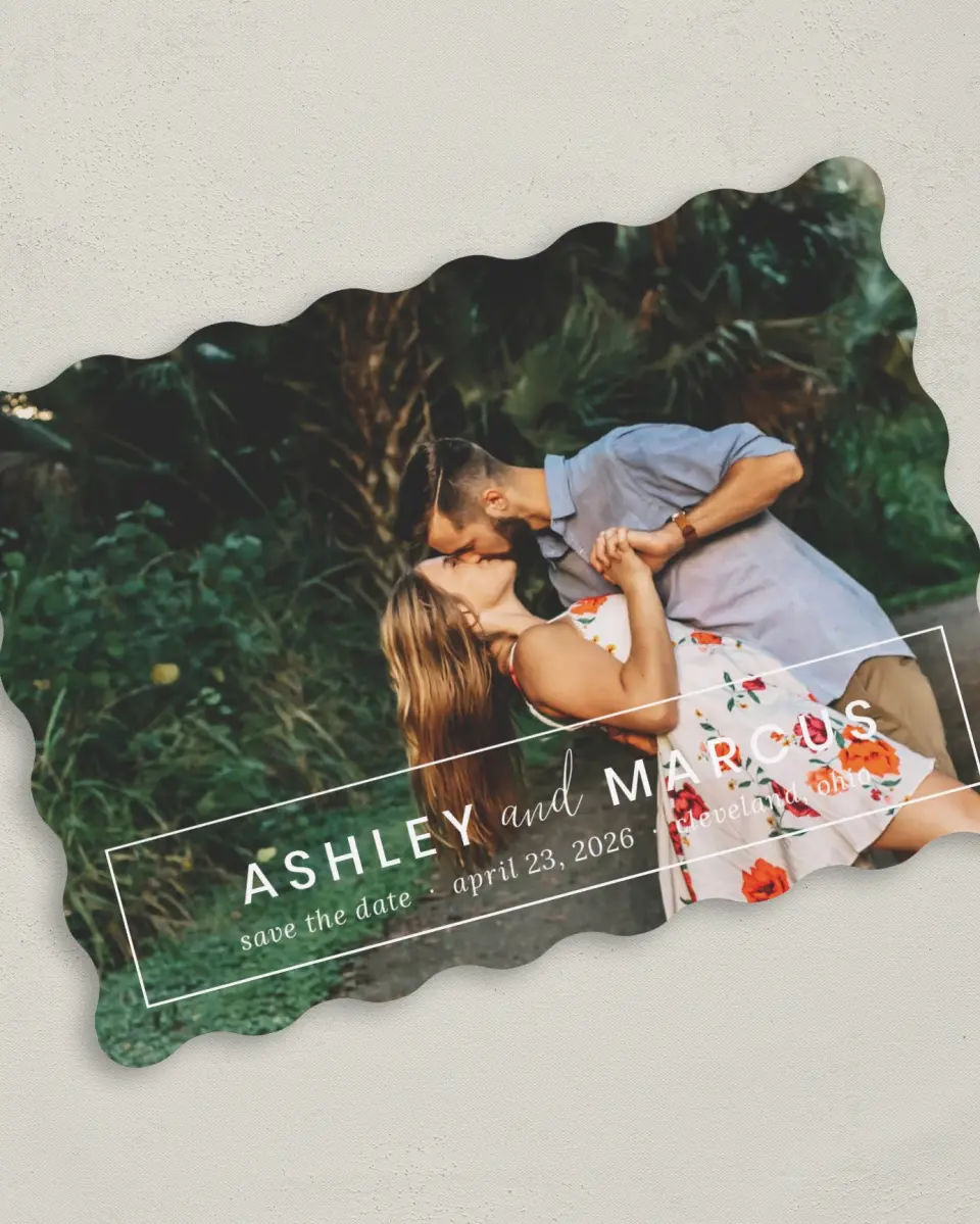 This is a 5" x 7" Save the Date Card called Names Framed printed in full color on Premium Smooth paper
