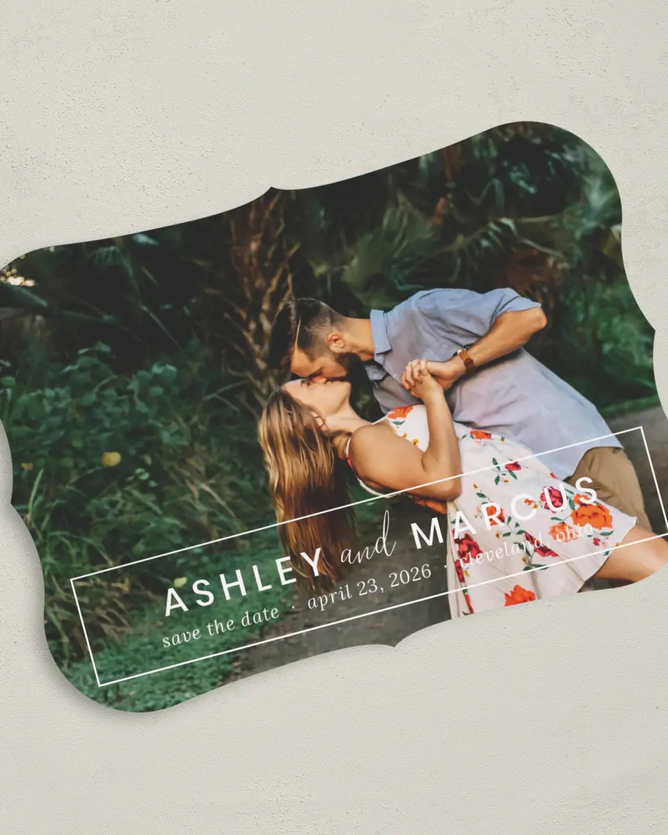 This is a 5" x 7" Save the Date Card called Names Framed printed in full color on Premium Smooth paper