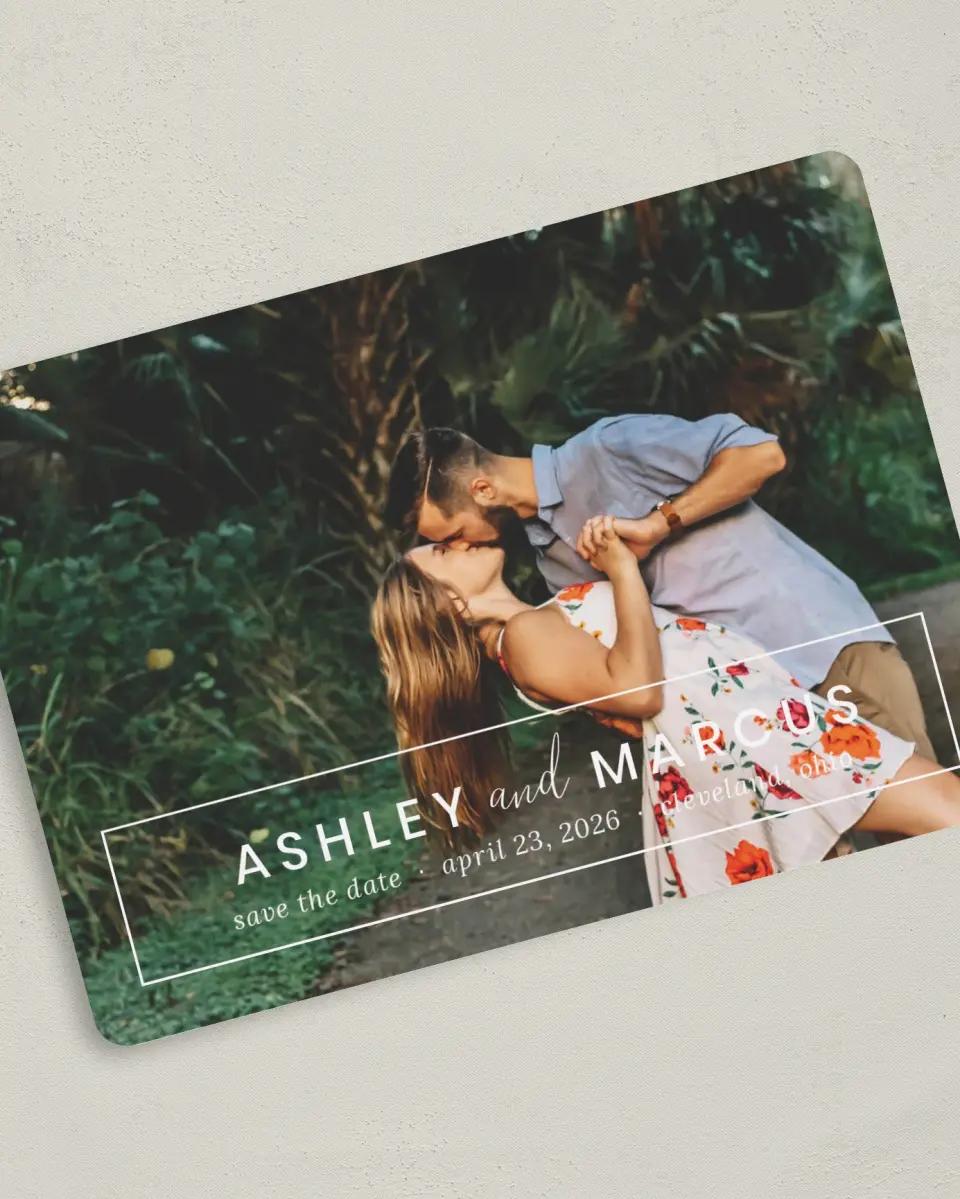 This is a 5" x 7" Save the Date Card called Names Framed printed in full color on Premium Smooth paper