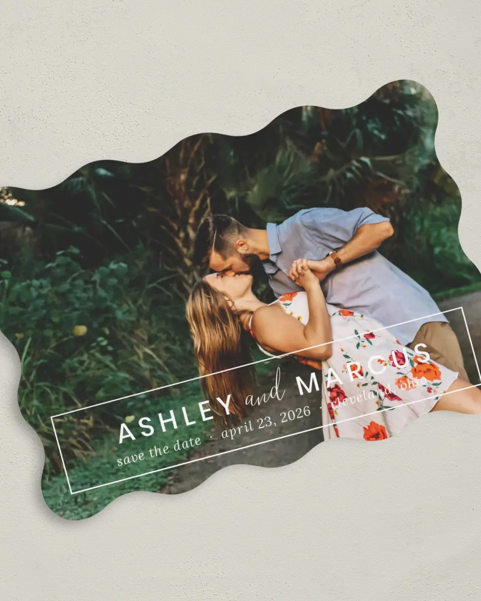 This is a 5" x 7" Save the Date Card called Names Framed printed in full color on Premium Smooth paper