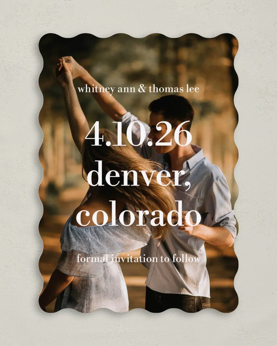 This is a 5" x 7" Save the Date Card called Date + Place printed in full color on Premium Smooth paper