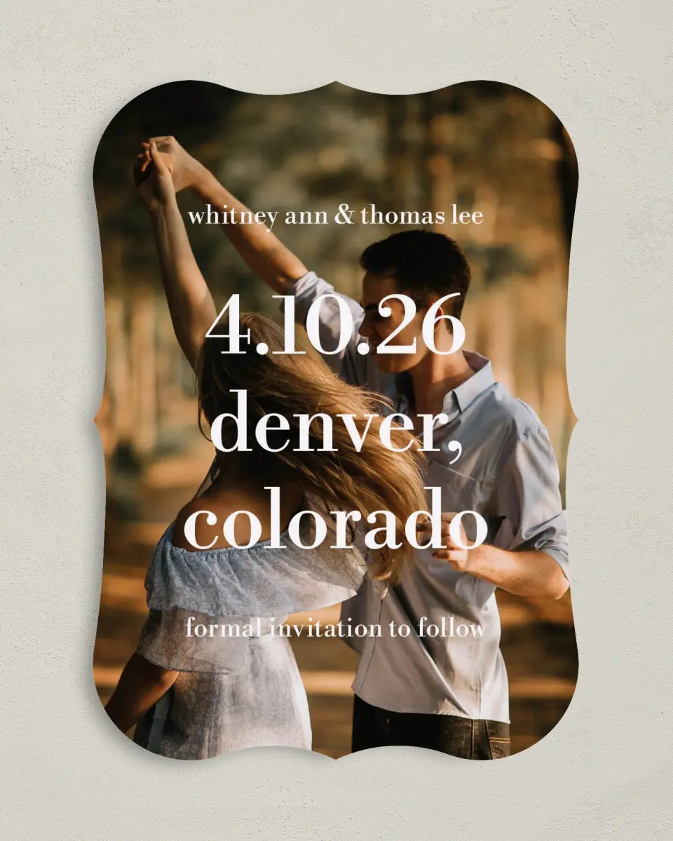 This is a 5" x 7" Save the Date Card called Date + Place printed in full color on Premium Smooth paper