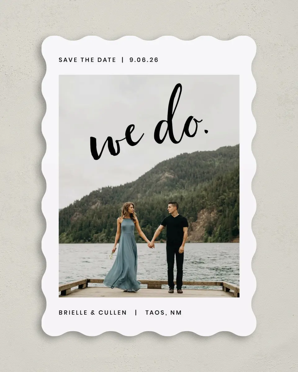 This is a 5" x 7" Save the Date Card called Written printed in full color on Premium Smooth paper