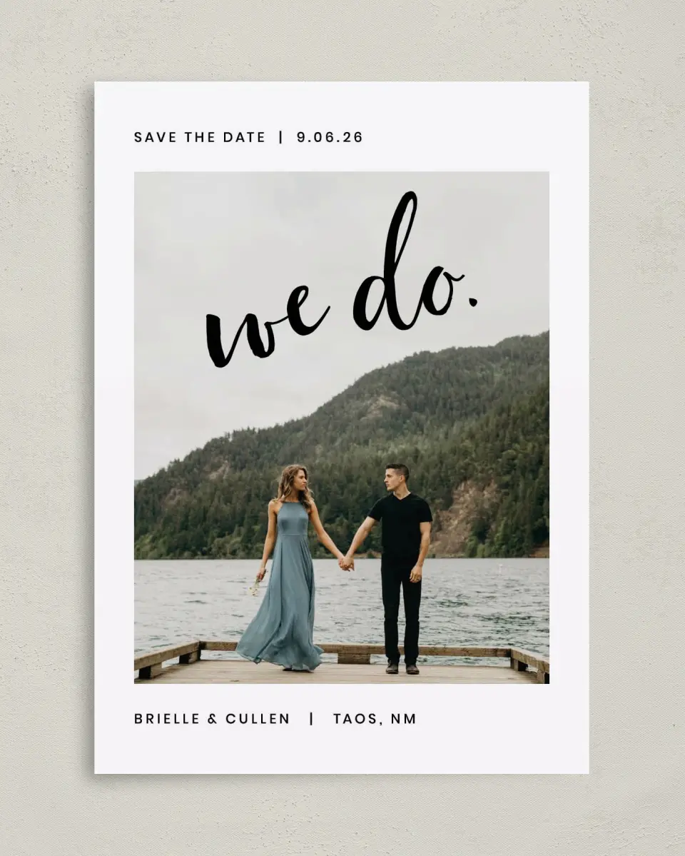 This is a 5" x 7" Save the Date Card called Written printed in full color on Premium Smooth paper