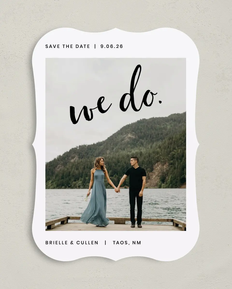 This is a 5" x 7" Save the Date Card called Written printed in full color on Premium Smooth paper