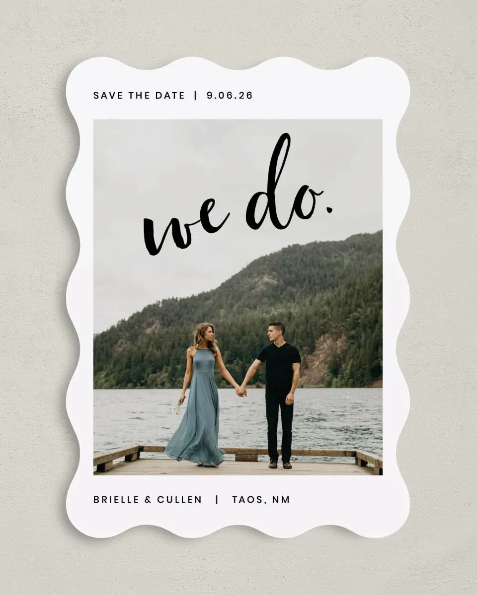 This is a 5" x 7" Save the Date Card called Written printed in full color on Premium Smooth paper
