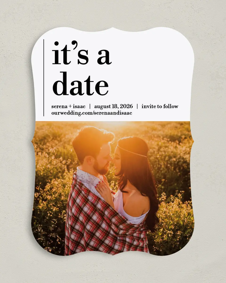 This is a 5" x 7" Save the Date Card called Simple Truth printed in full color on Premium Smooth paper