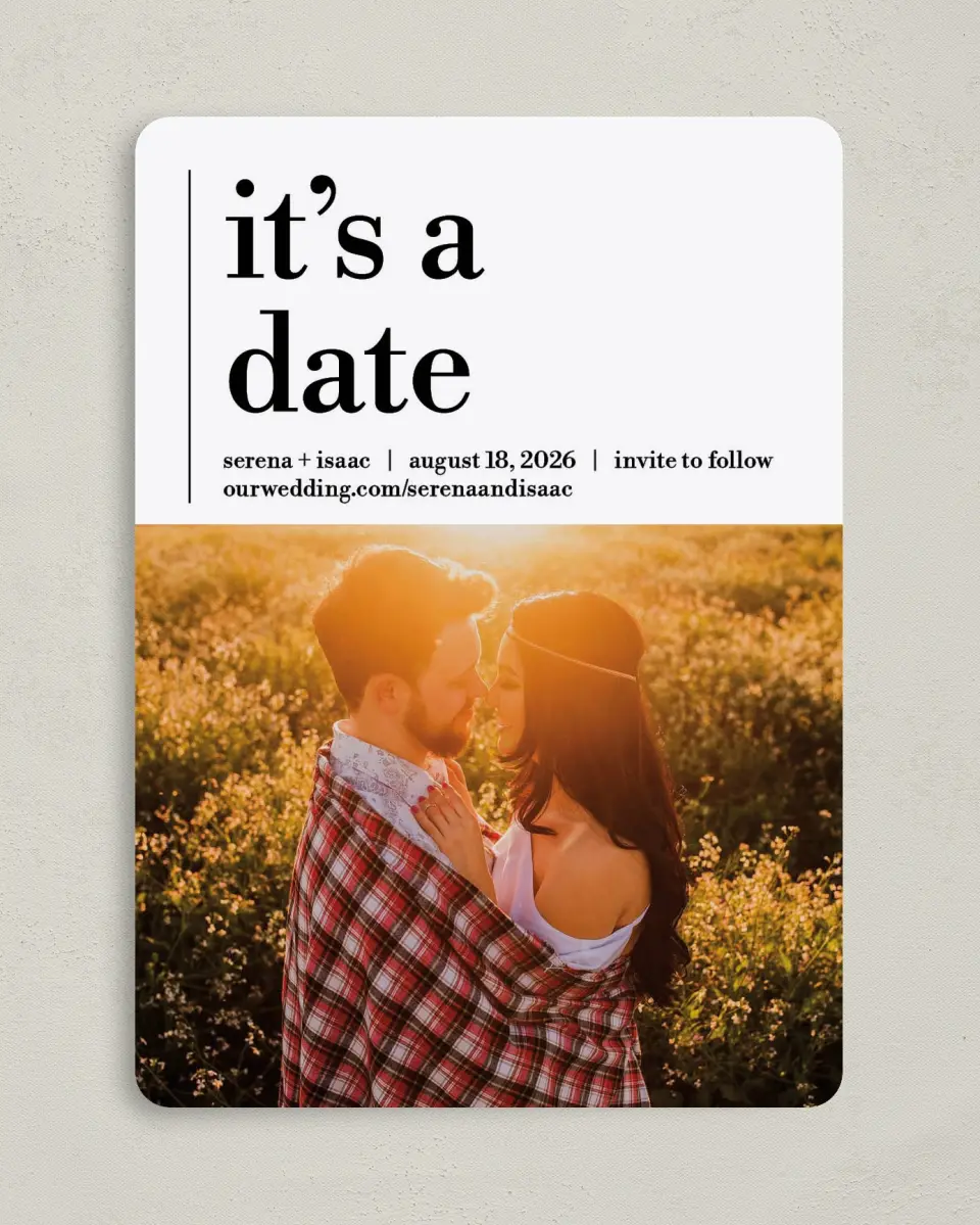 This is a 5" x 7" Save the Date Card called Simple Truth printed in full color on Premium Smooth paper