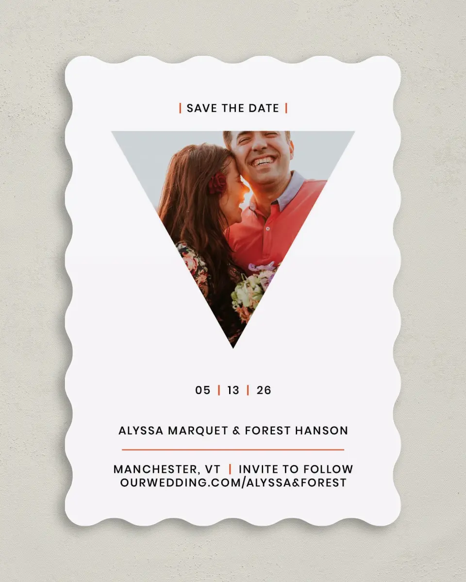 This is a 5" x 7" Save the Date Card called Triangle Crush printed in full color on Premium Smooth paper